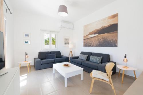 a living room with two blue couches and a table at Summer Villa in Adamantas