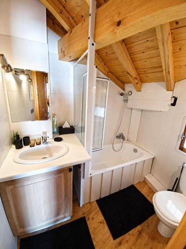 a bathroom with a sink and a tub and a toilet at Villa Silote in La Grave