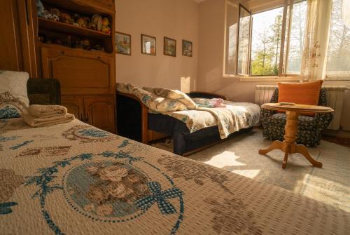 a bedroom with two beds and a chair and a window at Smestaj Vanja in Arilje