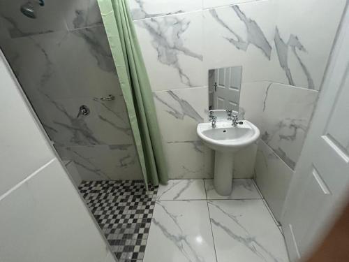 a white bathroom with a sink and a shower at Caponero accommodation conference in Welkom