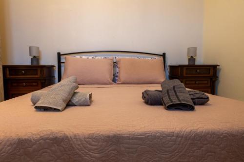 a bed with two pillows on it with two night stands at Lanari Valley House in Thermi