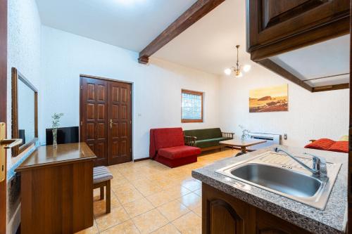 a kitchen with a sink and a living room at Hotel Dubrava in Budva