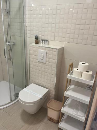 a white bathroom with a toilet and a shower at Roso Seafront House in Selca kod Bogomolja