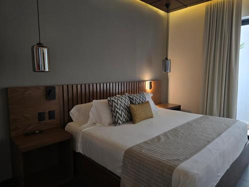 a bedroom with a large white bed with two pillows at Hotel Agua de Plata in San Luis Potosí
