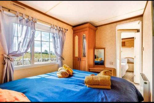 a bedroom with a blue bed with a large window at Attymchugh Lodge in Corlee