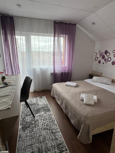a bedroom with two beds and a desk and a window at Vila Ispirescu INN in Cluj-Napoca