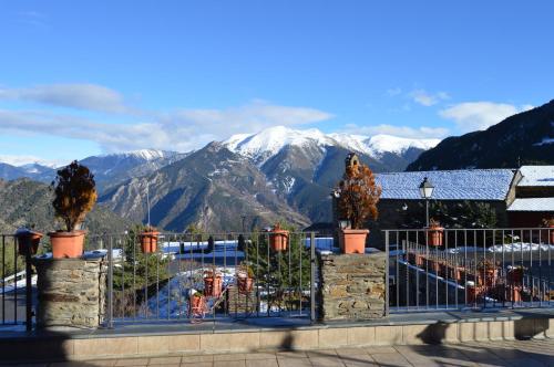 a fence with a view of mountains in the background at Hotel Parador de Canolich - Only Adults in Bixessarri