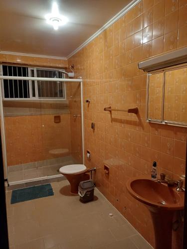 a bathroom with a shower and a toilet and a sink at Villa Serena, próx do Aeroporto in Porto Alegre