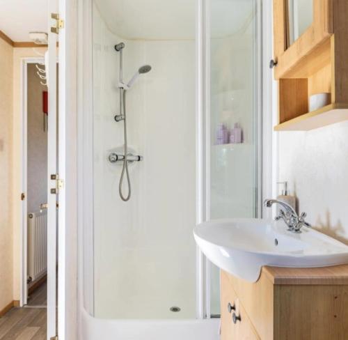 a bathroom with a shower and a sink at Attymchugh Lodge in Corlee