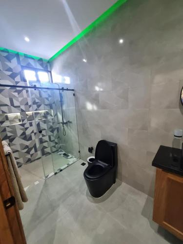 a bathroom with a black toilet and a glass shower at Villa Reyna El placer in Baní