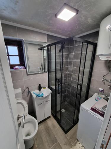 a bathroom with a shower and a toilet and a sink at Villa Kristal Slatina- Private Pool & Jacuzzi BBQ in Slatina Varoš