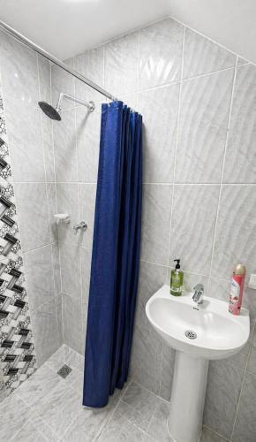 a bathroom with a blue shower curtain and a sink at Salento verde in Salento