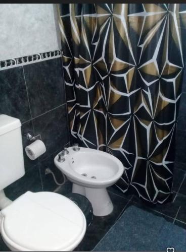 a bathroom with a toilet and a shower curtain at Departamento Cura Brochero in Villa Cura Brochero