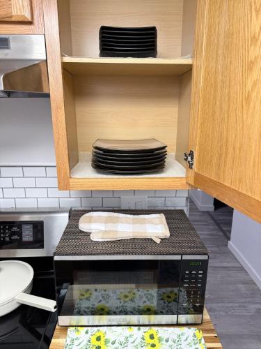 a kitchen with a stack of plates on a shelf at Completely renovated for you Mountain View Cottage in Charleston