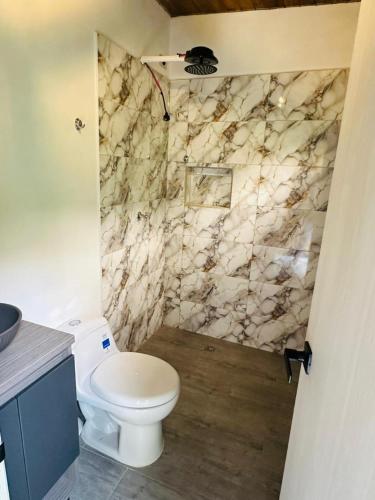 a bathroom with a toilet and a marble wall at Cabaña Monte cristo in Guatapé