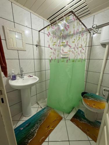a bathroom with a green shower curtain and a sink at Casa Miguel in Lauro Müller