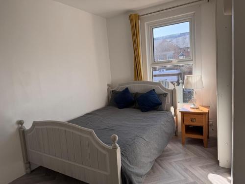 a bedroom with a bed with blue pillows and a window at Gillingham Hidden Gem in Gillingham