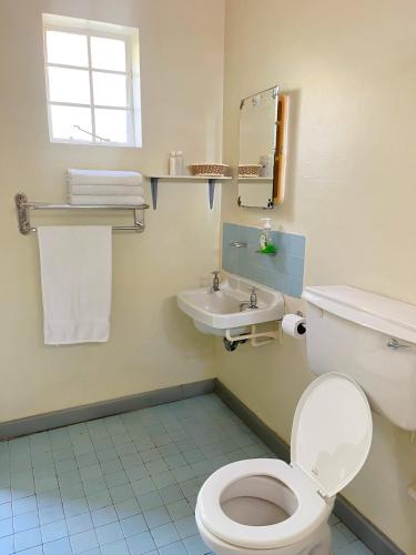 a bathroom with a toilet and a sink at Bungles Ungalow in Castries
