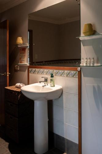 a bathroom with a sink and a mirror at Aston Norwood Chalets in Upper Hutt
