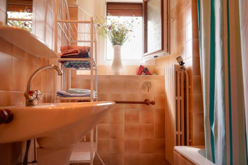 a bathroom with a sink and a vase of flowers at Gîte le marlet in Saint-Alban-sur-Limagnole