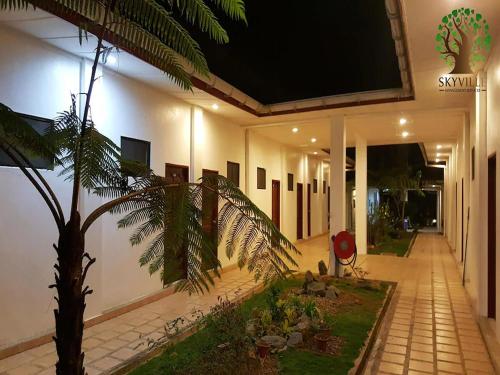 a building with a palm tree in front of it at Skyville Zen Resort,Kundasang in Kampong Kundassan