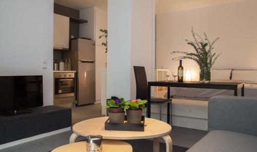 a living room with a couch and a table with plants at Homz Studios Faliro in Athens