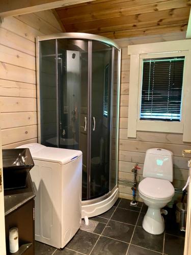 a bathroom with a shower and a toilet at Cozy log cabin in Geiranger in Geiranger