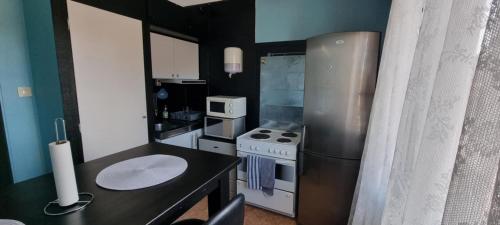 eine kleine Küche mit Herd und Kühlschrank in der Unterkunft Station 14 in Arvidsjaur