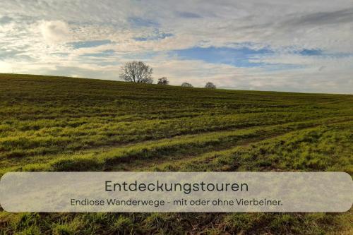 a sign sitting in the middle of a field at Hufe 9 Gute Stube - Digital Detox und Entschleunigen oder Aktiv-Urlaub in der Natur - Bauernhof Charme trifft modernes Design in Wustrow