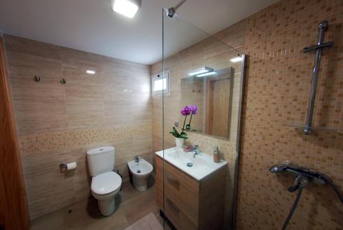 a bathroom with a toilet and a sink and a shower at Estrela do Mar - Alojamento Local in Calheta