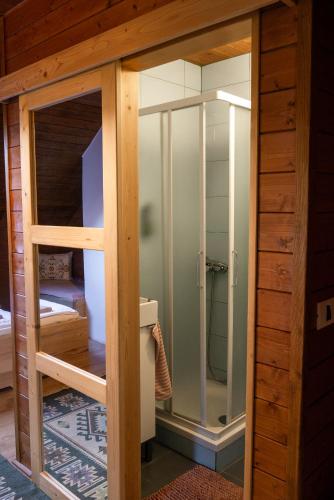 a glass door of a shower in a room at Rose Hip Hill Farm in Valea Tîrnei