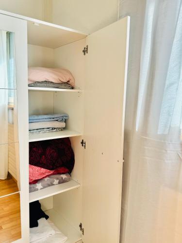 a closet with white shelves and a door at Fribourg Home in Fribourg