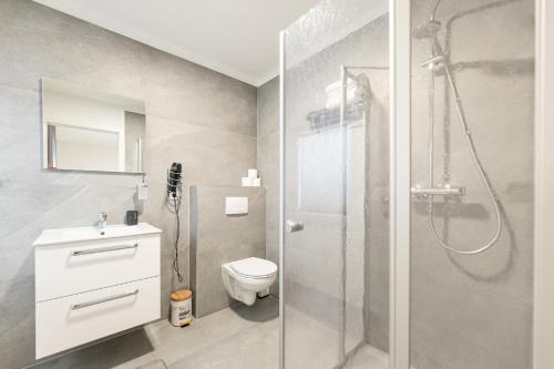 a bathroom with a shower and a toilet and a sink at ALS Zimmer & Suiten in Lambach