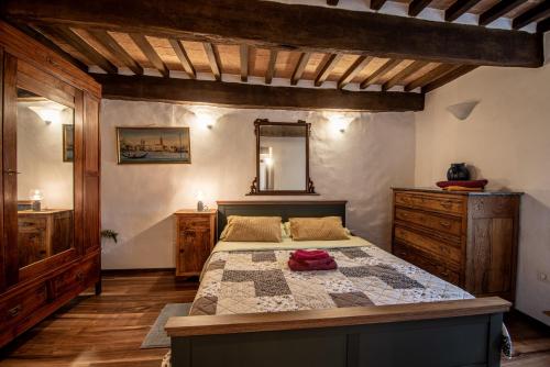 a bedroom with a large bed and a mirror at Andrea's Nido in Castel del Piano