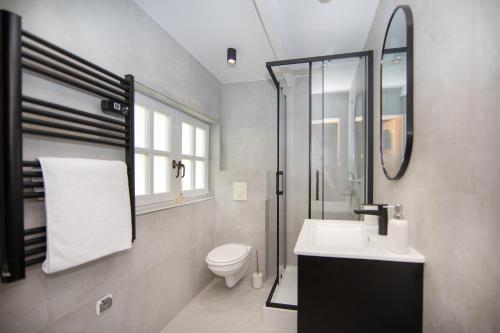 a bathroom with a toilet and a sink and a shower at Domek na Górce in Lądek-Zdrój