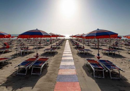 a bunch of chairs and umbrellas on a beach at KAI Apartment in Villa Rosa