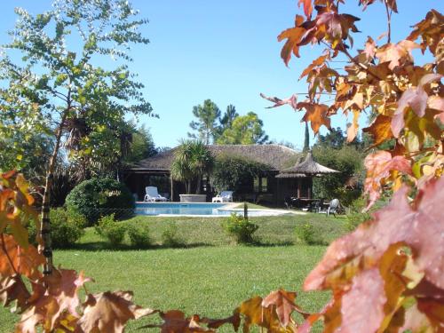 ein Haus mit einem Pool im Hof in der Unterkunft Cabañas Hoja de la Tierra in Chascomús