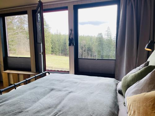 a bedroom with a bed and two large windows at Luchs Quartier Hahnenklee in Hahnenklee-Bockswiese