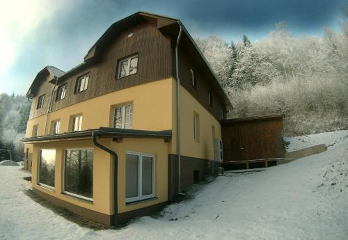 a large house in the snow with snow covered trees at Chata Eliška in Loučná nad Desnou