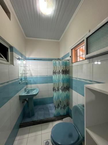a bathroom with a blue toilet and a sink at Mountain House Përmet 