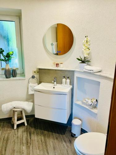 a bathroom with a sink and a toilet and a mirror at Castles Corner Bad Fallingbostel in Bad Fallingbostel
