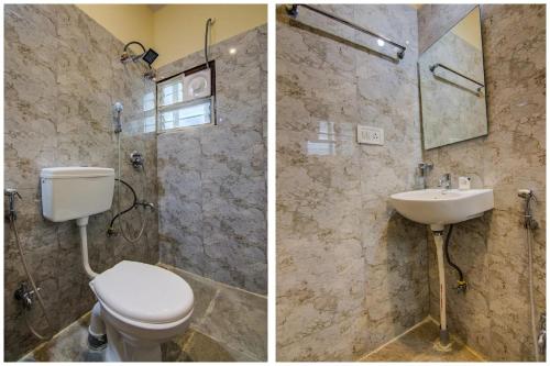 two pictures of a bathroom with a toilet and a sink at MVTJ Hotel in Bangalore