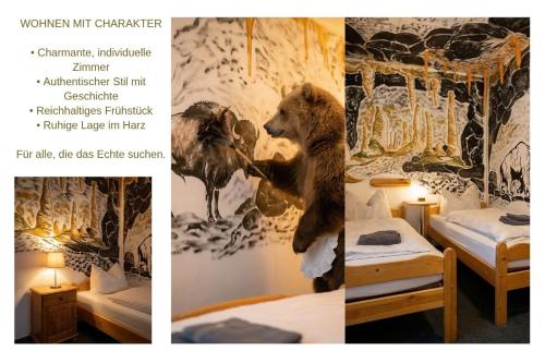 a collage of pictures of a bedroom with a bear on the wall at Hotel Hermannshöhle in Elbingerode