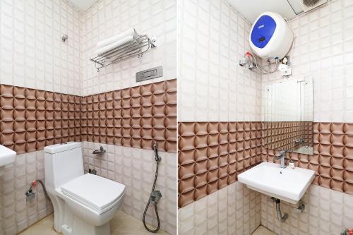 two pictures of a bathroom with a toilet and a sink at FabHotel Ace Prime in Greater Noida
