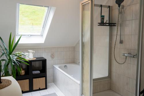 a bathroom with a shower and a bath tub at Ferienwohnung Belchenzeit in Münstertal