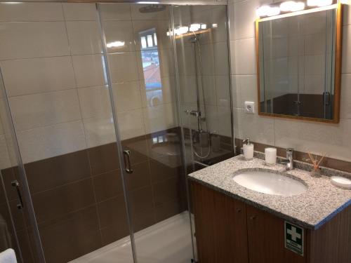 een badkamer met een wastafel en een douche bij Apartamentos Sousa in Funchal