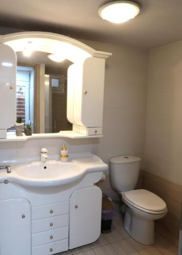 a bathroom with a sink and a toilet and a mirror at BeCozy in Thérissos
