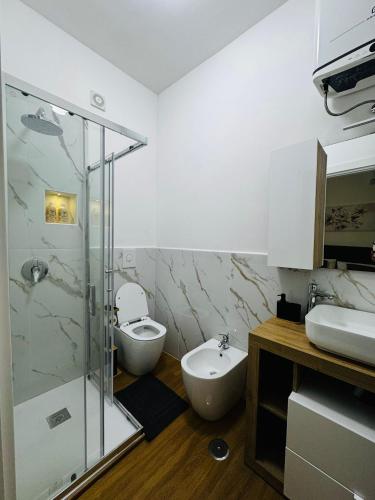 a bathroom with a shower and a toilet and a sink at Il terrazzino in Ceprano