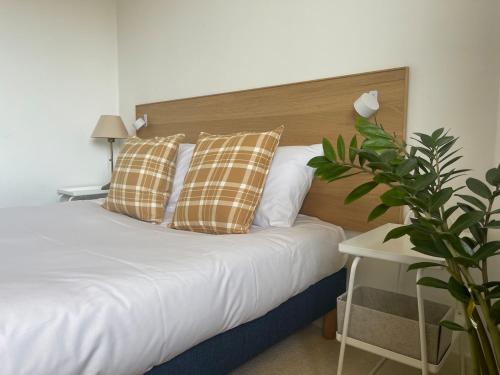 a bedroom with a bed with two pillows and a plant at L'instant cocon in Beaumont