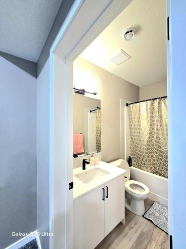 a bathroom with a sink and a toilet at Private, Cozy, Luxury, Spacious One Bedroom Suite in Airdrie